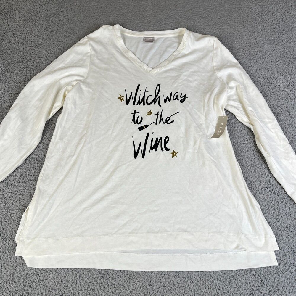 CHICO'S Zenergy T Shirt Womens 2 12/14 Large Witch Way to the Wine Tee Graphic